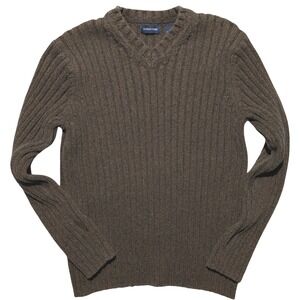 Vintage Y2K Structure Ribbed Cotton V Neck Sweater Medium Brown Classic Boyband